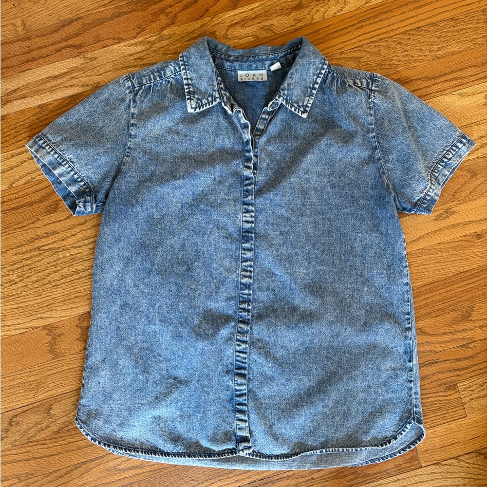 Joan Rivers Blue Short Sleeve Button Down Denim Shirt